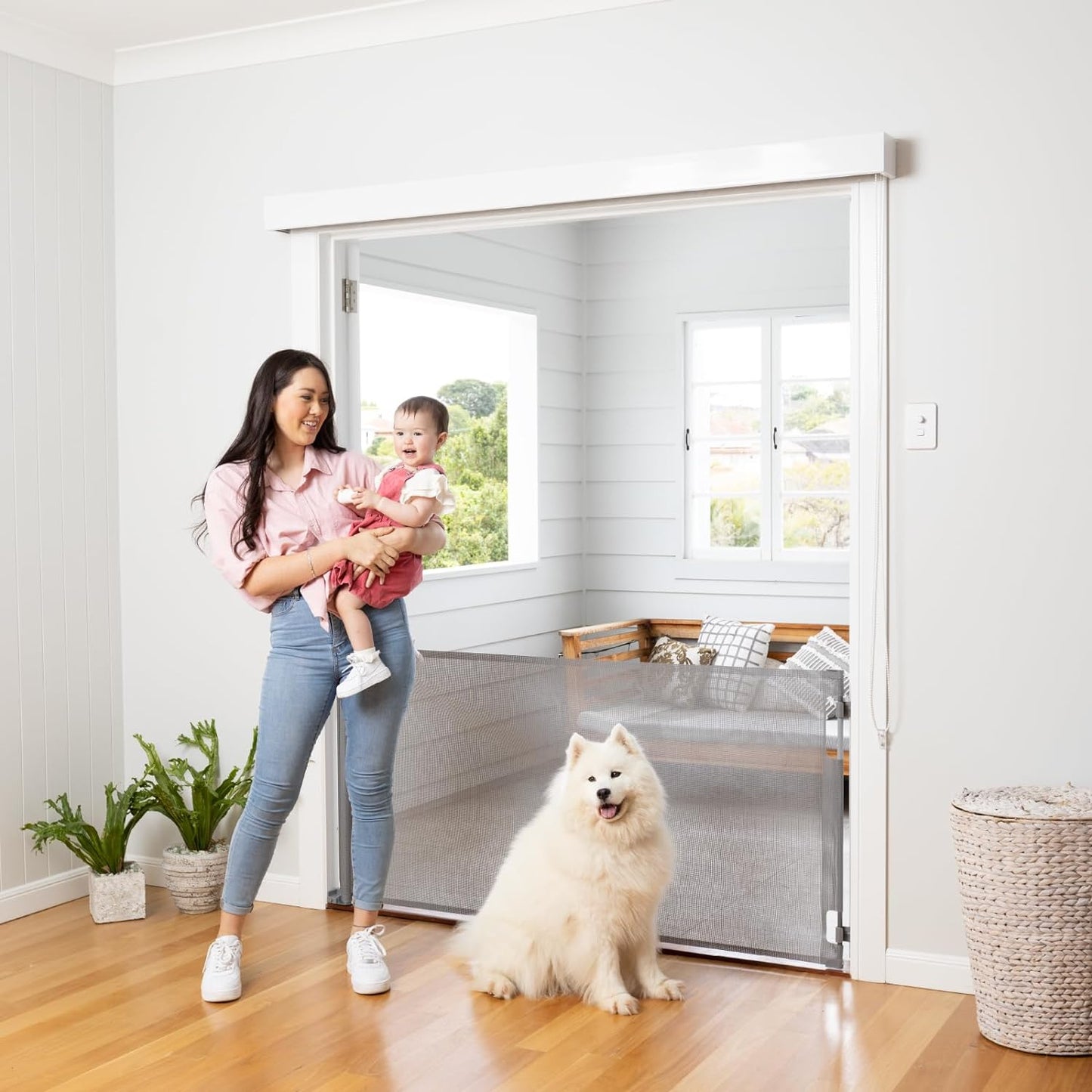 Retractable Baby Gate Perma Child Safety 33" Tall X 71” Wide, Mesh, for Stairs, Doorways, Dogs, Pets, Indoor, Outdoor, One-Handed Operation, Locking, Easy Install, Hardware Mount, Gray