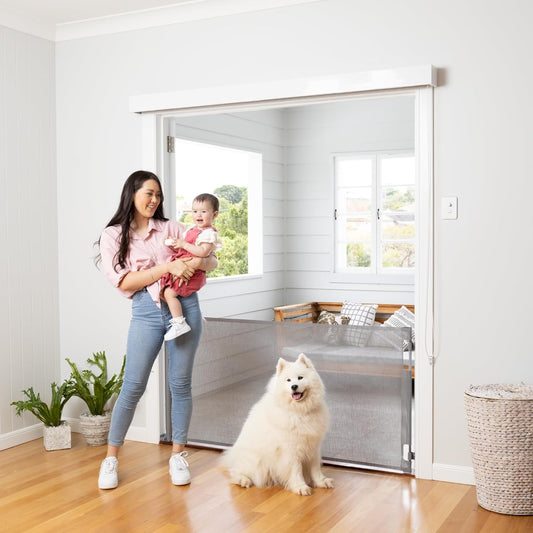 Retractable Baby Gate Perma Child Safety 33" Tall X 71” Wide, Mesh, for Stairs, Doorways, Dogs, Pets, Indoor, Outdoor, One-Handed Operation, Locking, Easy Install, Hardware Mount, Gray