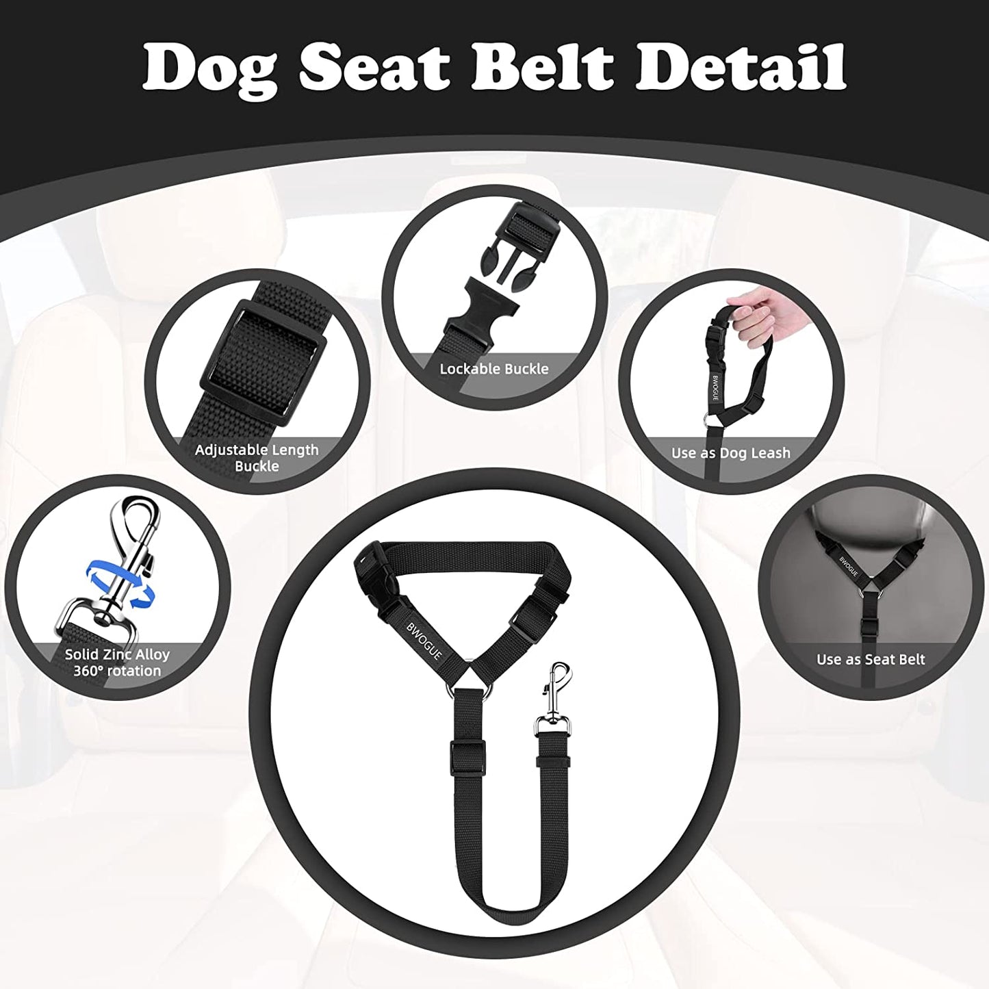 BWOGUE 2 Packs Dog Cat Safety Seat Belt Strap Car Headrest Restraint Adjustable Nylon Fabric Dog Restraints Vehicle Seatbelts Harness Dark Blue