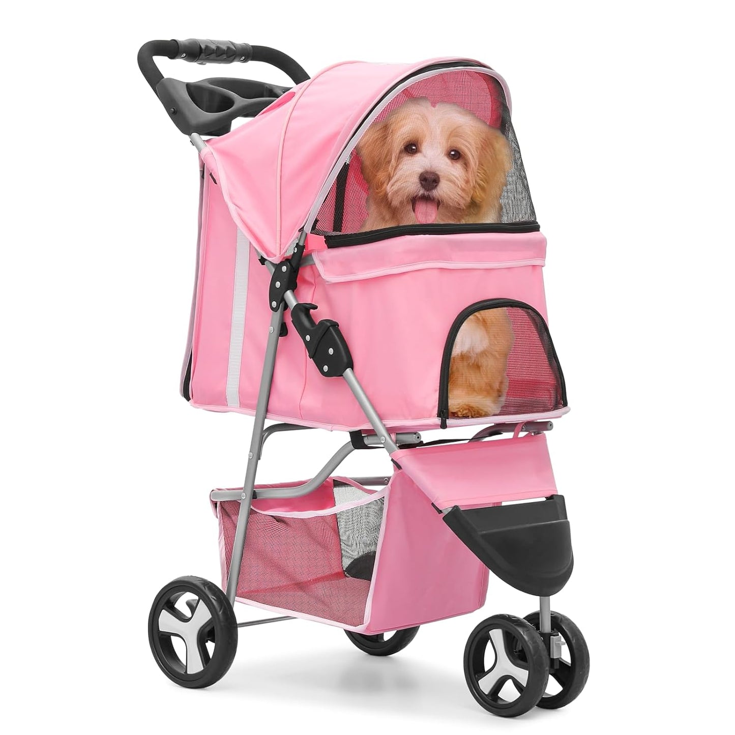 Monibloom 3-Wheels Foldable Pet Stroller W/Cover, Pet Strolling Cart for Small/Medium Dogs and Cats W/Cup Holder, Breathable Visible Mesh, Pink