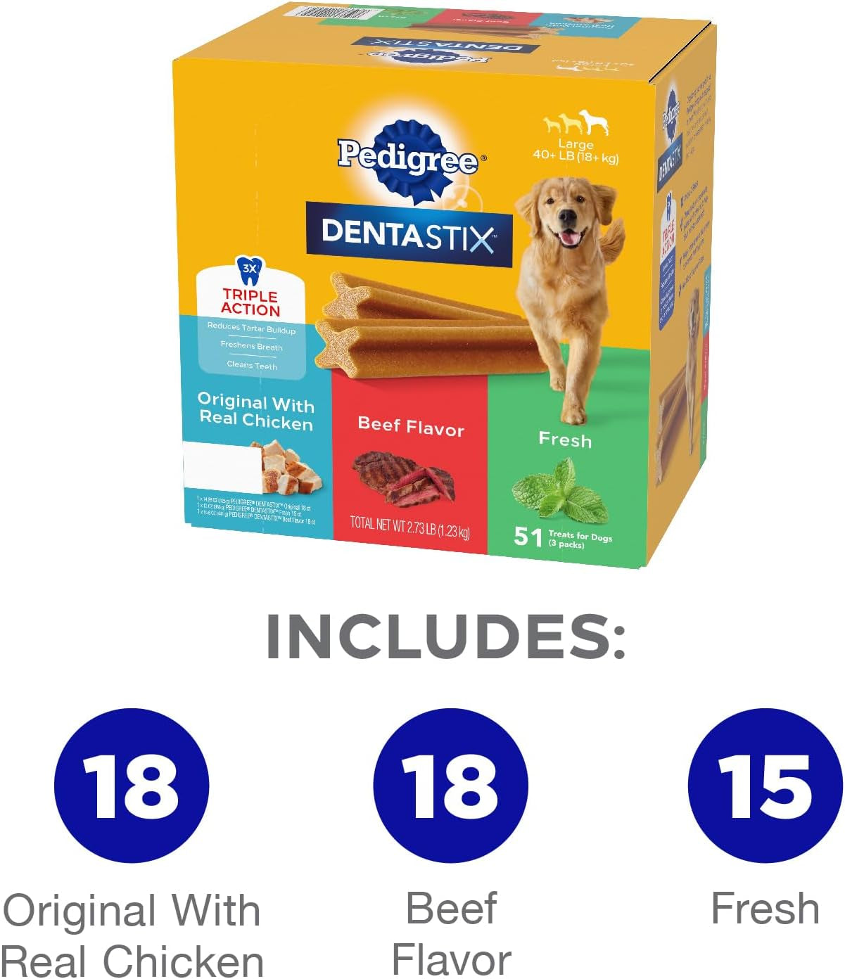 PEDIGREE DENTASTIX Large Dog Dental Care Treats Original, Beef & Fresh Variety Pack, 2.73 lb.Pack (51 Treats)