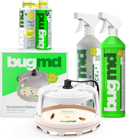 Bugmd Flea and Tick Concentrate (1 Pack), Bugmd Essential Pest Control Concentrate (1 Pack), Bugmd Termination Station (1 Pack) and Spray Bottle 32 Oz (2 Pack) Bundle