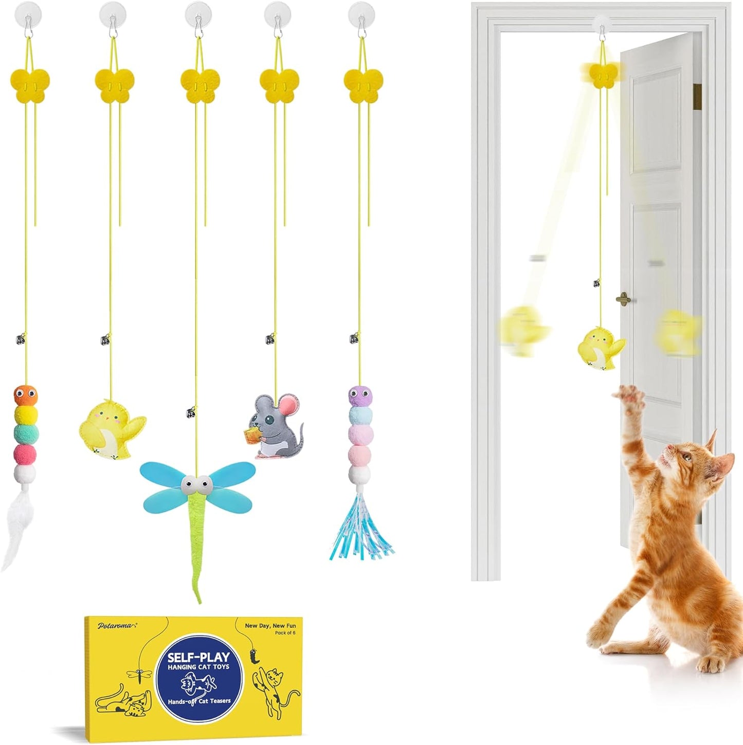 Potaroma Interactive Cat Feather Toys 5 Pcs, Cat Teaser Retractable, Hanging Cat Toys Indoor Kitten Play Chase Exercise, Mental Physical Stimulation for All Breeds and Species