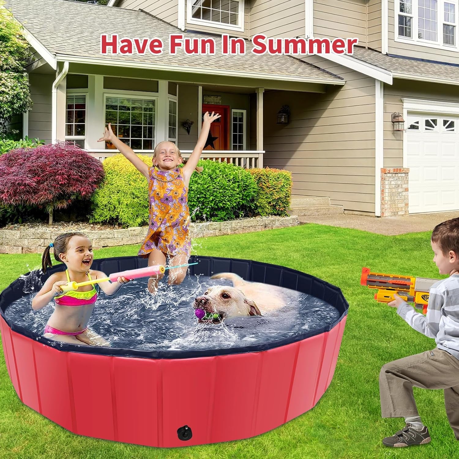 Foldable Dog Pool, 87" X 14" Large Kiddie Pool with Hard Plastic, Non-Slip Dog Bath Tub for Outdoor Backyard, Collapsible Dog Swimming Pool for Kids Dogs Pets (Red)