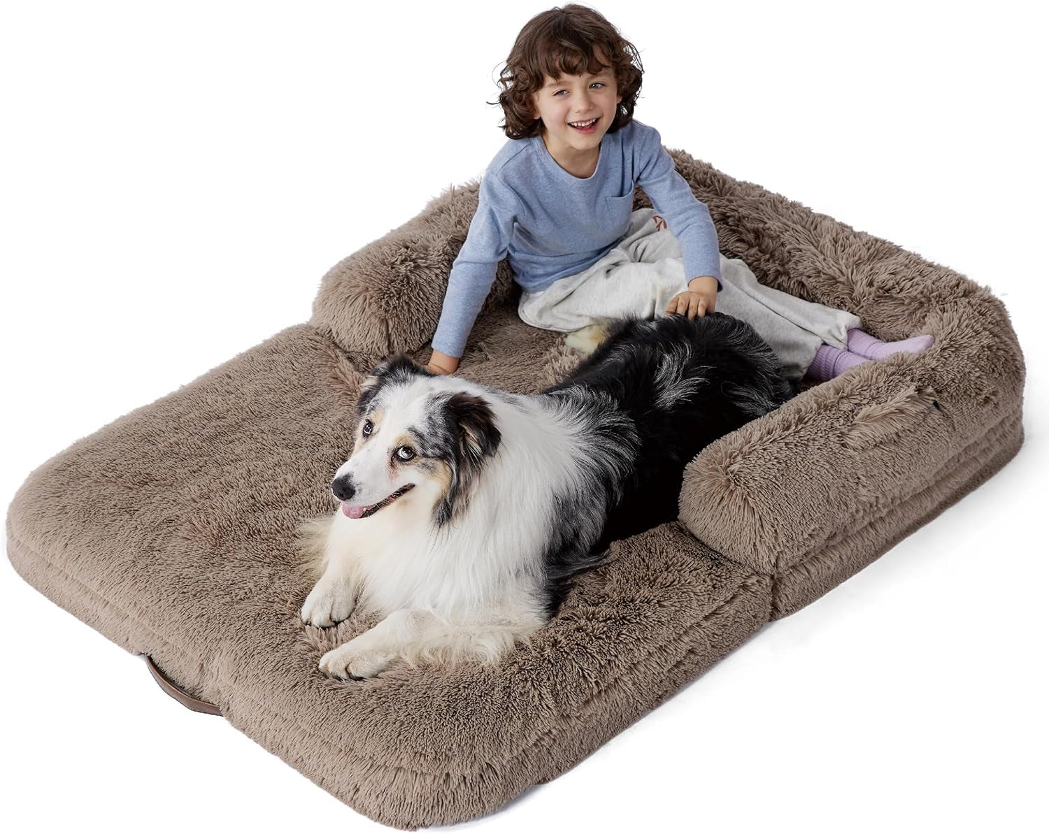 Bedsure Foldable Human Dog Bed for Kids, 2 in 1 Calming Human Size Giant Dog Bed Fits Pet Families with Egg Foam Supportive Mat and Waterproof Liner, Faux Fur Orthopedic Dog Sofa, Camel