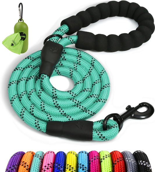 Taglory Rope Dog Leash 4 FT with Comfortable Padded Handle, Highly Reflective Threads Dog Leash for Medium Large Dogs, 1/2 Inch, Turquoise