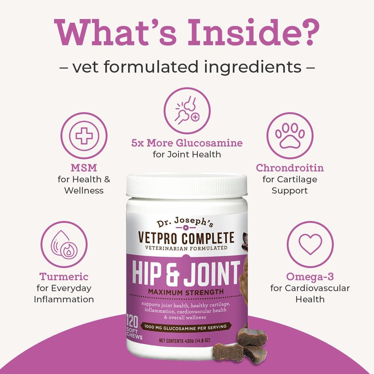 Vetpro Dog Hip and Joint Supplement - Pain and Inflammation Relief Chews with Glucosamine, Chondroitin, MSM, Turmeric, Vitamin C, Omega 3 - Treats Hip Dysplasia, Arthritis - Dogs Chewable Supplements