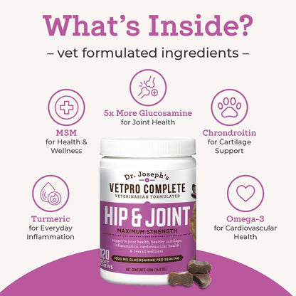 Vetpro Dog Hip and Joint Supplement - Pain and Inflammation Relief Chews with Glucosamine, Chondroitin, MSM, Turmeric, Vitamin C, Omega 3 - Treats Hip Dysplasia, Arthritis - Dogs Chewable Supplements