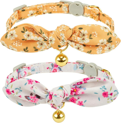 Bowtie Cat Collar with Bell, 2 Pack Cotton Breakaway Kitten Collars with Removeable Bow Girl Cat Collars, Floral Yellow & Beige