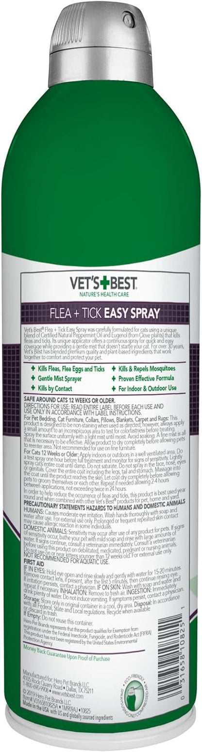 Vet'S Best Flea and Tick Gentle-Mist Spray for Cats - Flea Treatment for Cats - Plant-Based Formula - Certified Natural Oils - Easy Application and Control - 6.3 Oz