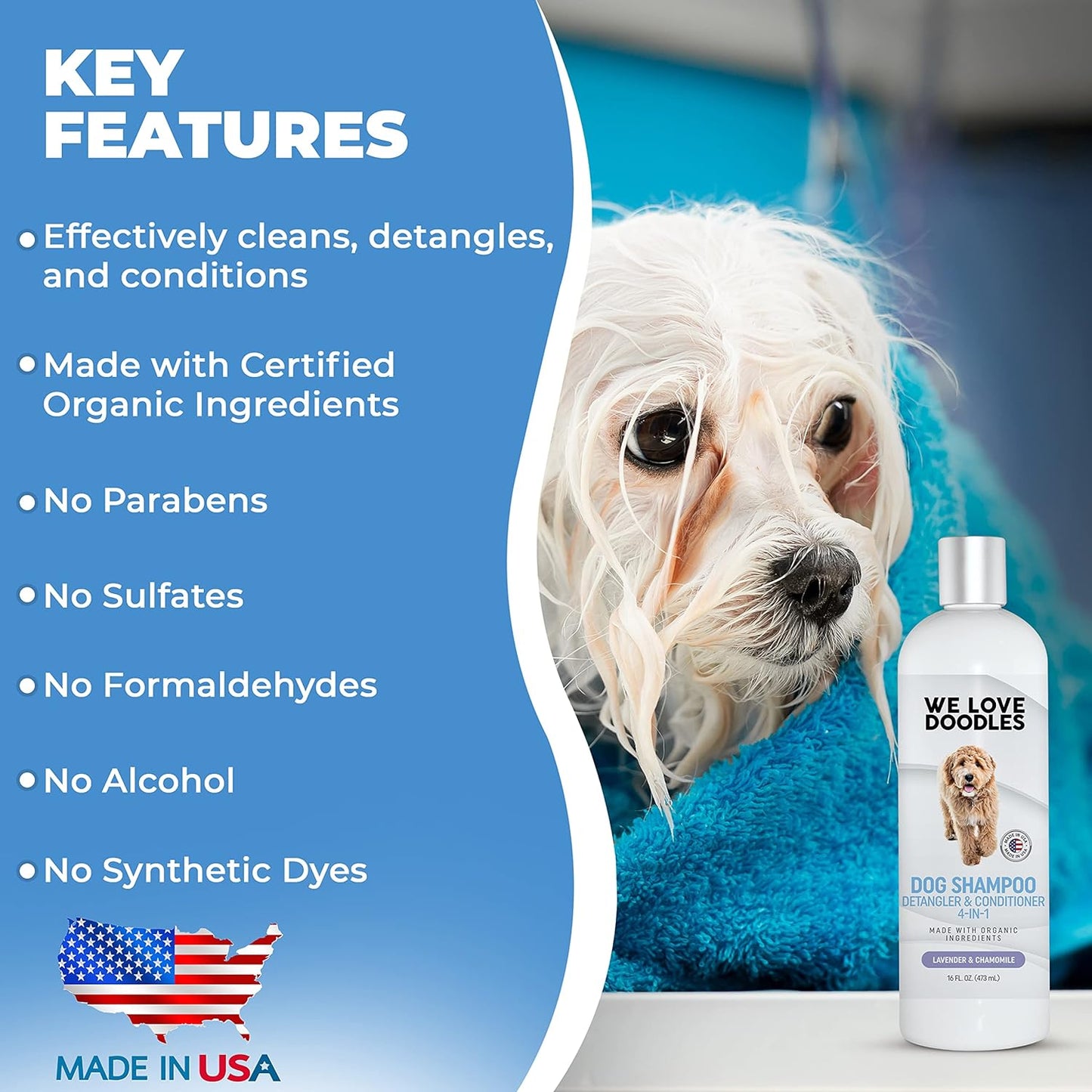 USDA Organic Dog Shampoo, Conditioner & Detangler - Best Shampoo for Goldendoodles, Poodles & Doodles - for Matted Pet Hair - Sensitive Skin Shampoo for Puppies - Made in the USA, 16OZ (Ocean Breeze)