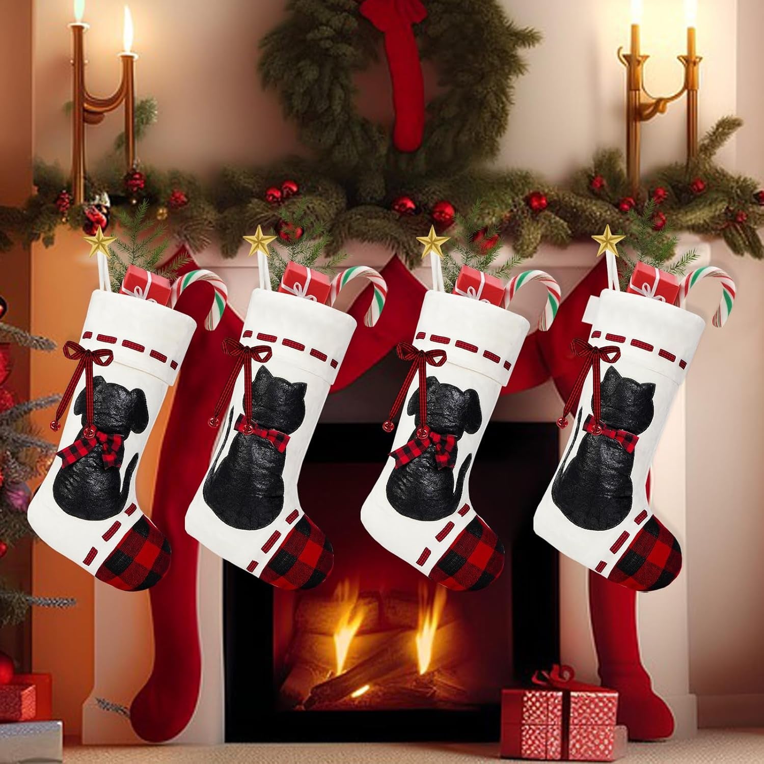 Cat Christmas Stocking 19’’ Xmas Pet Hanging Stockings with 3D Black Leather Cat Pattern Oversize Handmade Xmas Fireplace Hanging Stockings Decorations for Family Holiday Season Party Decor Pets Gifts