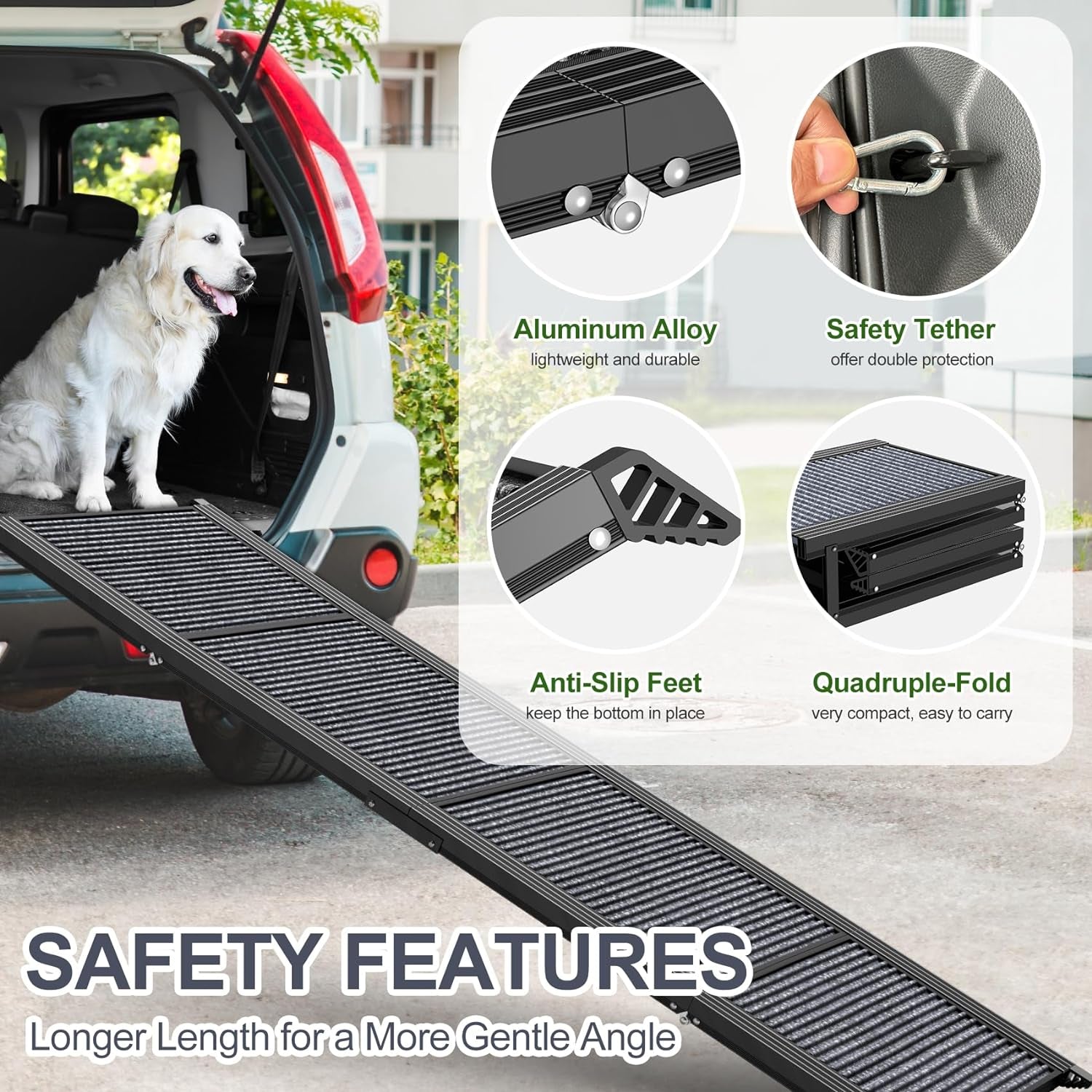 Dog Ramp for Car, 63" Long & 17" Wide Folding Portable Pet Stair Ramp with Non-Slip Rug Surface, Extra Wide Dog Steps for Medium & Large Dogs up to 250LBS Enter a Car, SUV & Truck