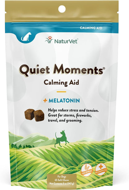 Naturvet Quiet Moments Calming Aid Dog Supplement – Helps Promote Relaxation, Reduce Stress, Storm Anxiety, Motion Sickness for Dogs – Tasty Pet Soft Chews with Melatonin – 65 Ct.