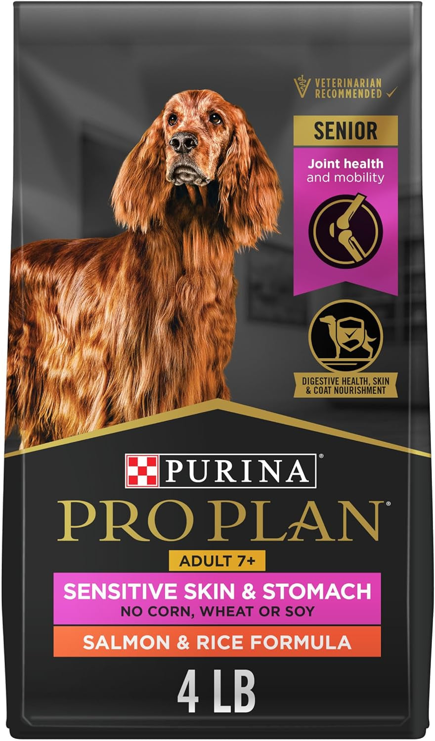 Purina Pro Plan Sensitive Skin & Stomach Dog Food, Dry Dog Food for SENIOR Dogs Adult 7+ Salmon & Rice Formula - 4 Lb. Bag