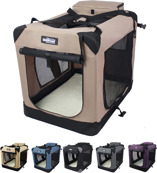 Elitefield 3-Door Folding Soft Dog Crate with Carrying Bag and Fleece Bed (2 Year Warranty), Indoor & Outdoor Pet Home (36" L X 24" W X 28" H, Khaki)