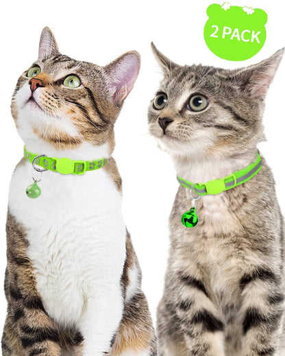 Taglory Reflective Cat Collar Breakaway with Bells, 2 Pack Girl Boy Pet Cat Collar Adjustable 7.5-12.5 Inch, Green