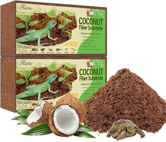 Riare 2 Pack Natural Coconut Fiber Substrate for Reptile- Premium Compressed Coconut Husk Terrarium Bedding for Reptile, Tortoise, Frogs, Snakes Hermit Crabs, Burrowing Animals