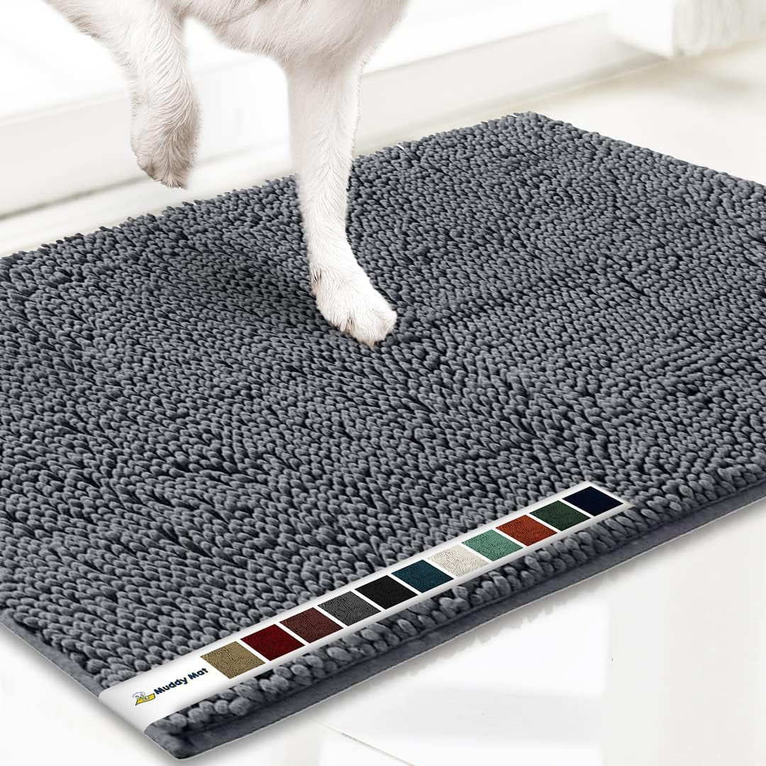 Muddy Mat® AS-SEEN-ON-TV Highly Absorbent Microfiber Dog Door Mat and Pet Rug, Non Slip Thick Washable Area and Bath Mat Soft Chenille for Kitchen Bathroom Bedroom and Indoor - Grey Medium 30"X19"