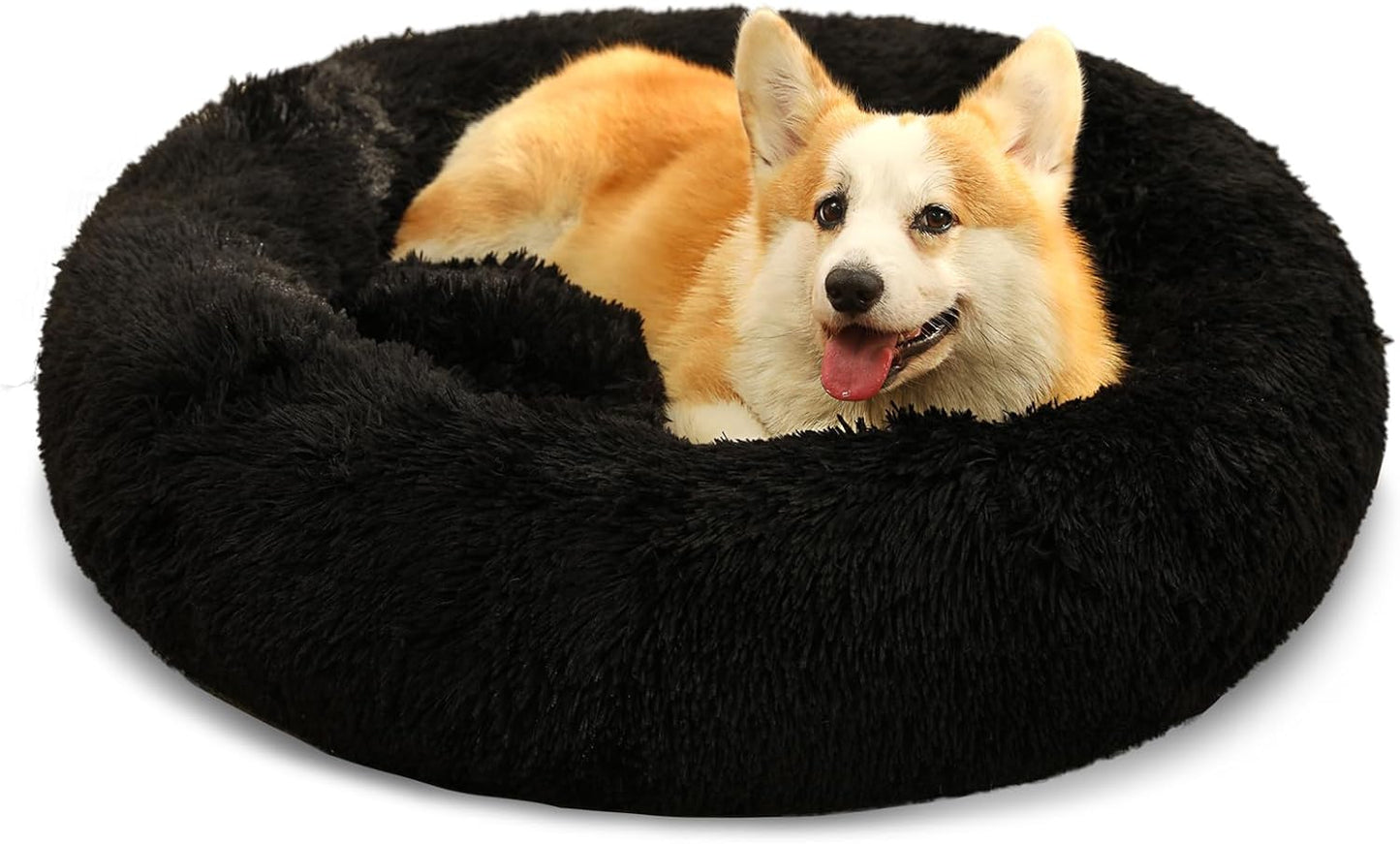 Dog Bed Calming Dog Beds for Small Medium Large Dogs - round Donut Washable Dog Bed, Anti-Slip Faux Fur Fluffy Donut Cuddler Anxiety Cat Bed(20"/27"/35") (Medium, Black)