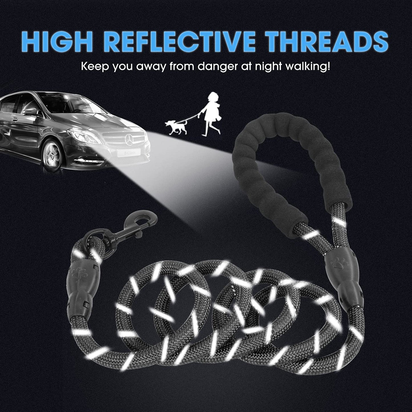 BAAPET 2/4/5/6 FT Dog Leash with Comfortable Padded Handle and Highly Reflective Threads for Small Medium and Large Dogs (5FT-1/2'', Black Green)