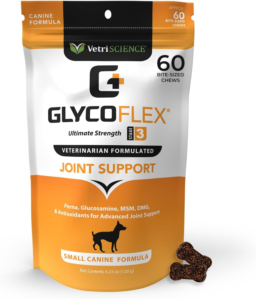 Vetriscience Glycoflex 3 Clinically Proven Hip and Joint Support Supplement for Small Dogs - Maximum Strength Dog Supplement with Glucosamine, MSM, Green Lipped Mussel & DMG - 60 Chews,Chicken Flavor​