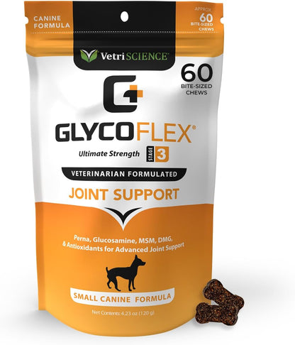 Vetriscience Glycoflex 3 Clinically Proven Hip and Joint Support Supplement for Small Dogs - Maximum Strength Dog Supplement with Glucosamine, MSM, Green Lipped Mussel & DMG - 60 Chews,Chicken Flavor​