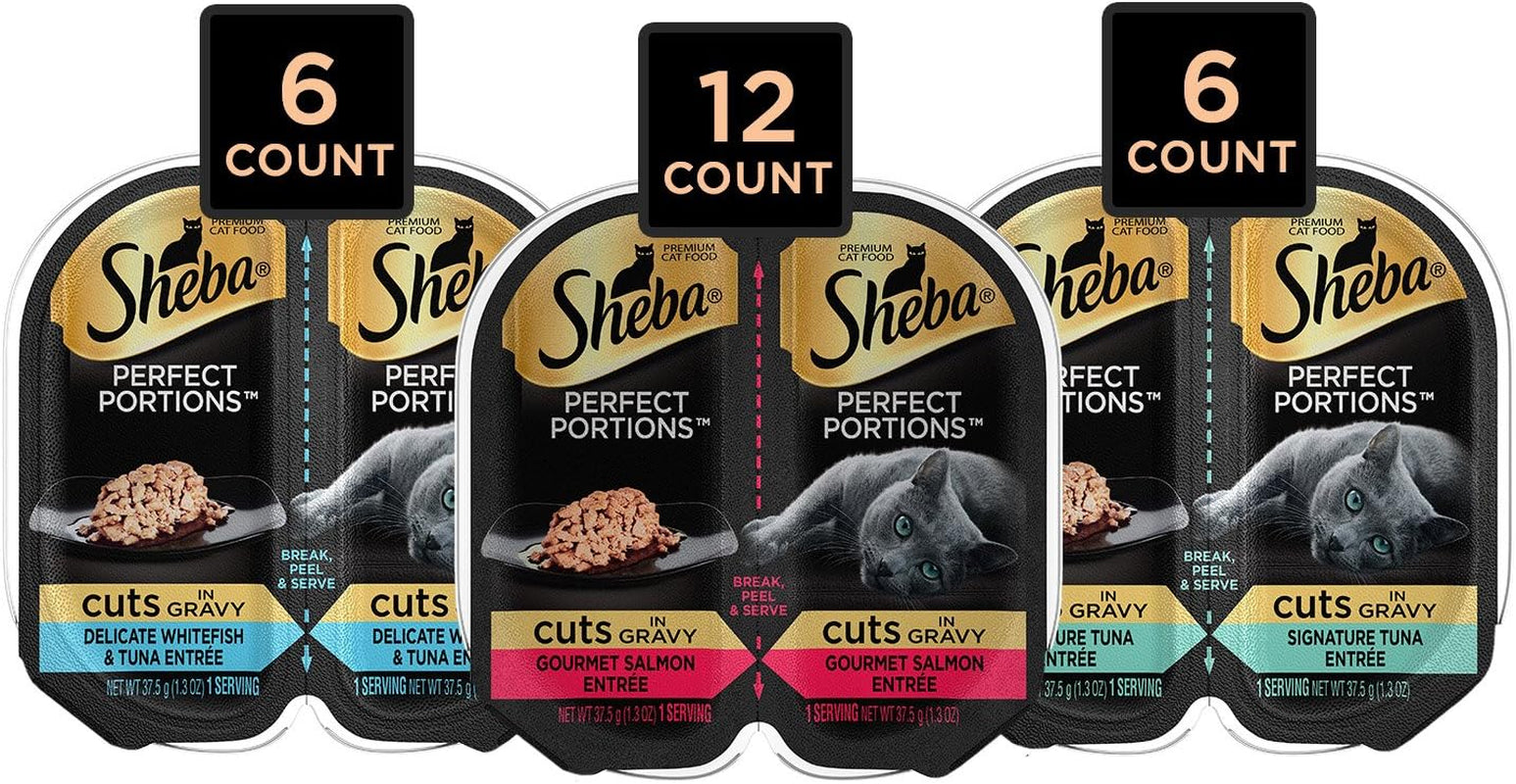 SHEBA PERFECT PORTIONS Cuts in Gravy Adult Wet Cat Food Trays (24 Count, 48 Servings), Gourmet Salmon, Sustainable Tuna, and Delicate Whitefish & Tuna Entrée, Easy Peel Twin-Pack