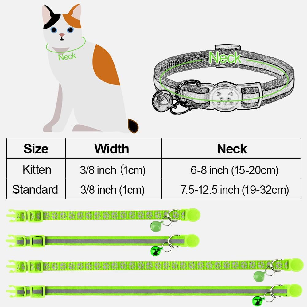 Taglory Reflective Cat Collar Breakaway with Bells, 2 Pack Girl Boy Pet Cat Collar Adjustable 7.5-12.5 Inch, Green