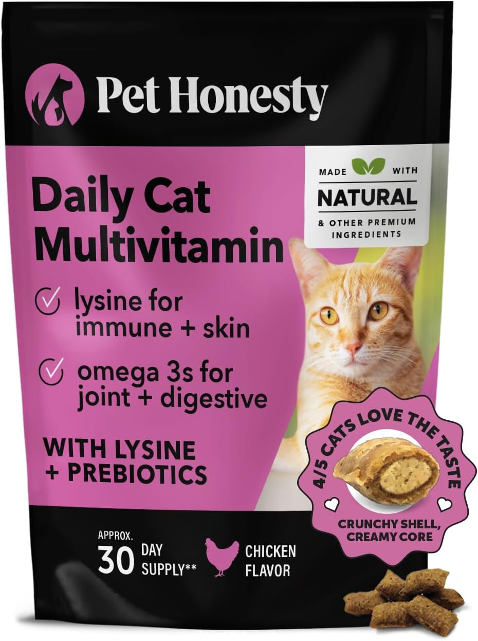 Pet Honesty Cat Multivitamin Chews - Cat Treats for Health + Immune, Cat Joint Support, Skin & Coat, and Digestion | Omega 3S, Lysine for Cats, Cat Probiotic, Cat Vitamins - Chicken (30-Day Supply)