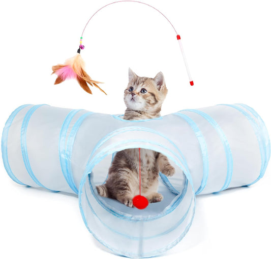 Pet Cat Tunnel Tube Cat Toys 3 Way Collapsible, Cat Tunnels for Indoor Cats，Kitty Tunnel Bored Cat Pet Toys Peek Hole Toy Ball Cat, Puppy, Kitty, Kitten, Rabbit Light Grey