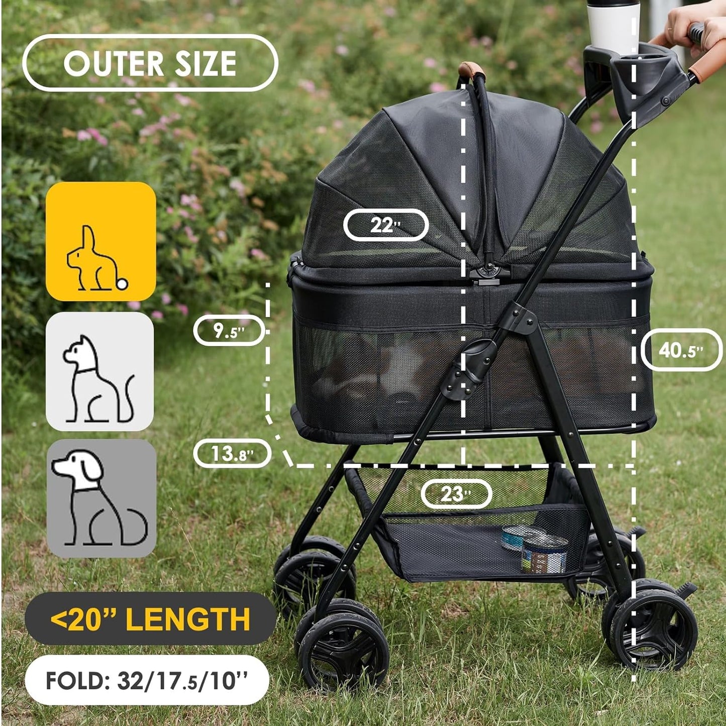 3 in 1 Folding Dog Stroller, Pet Folding Stroller, 4 Wheels Dog/Cat Puppy Stroller w/Removable Travel Carrier for Small/Medium Pet, Waterproof Pad, Car Seat, Sun Shade