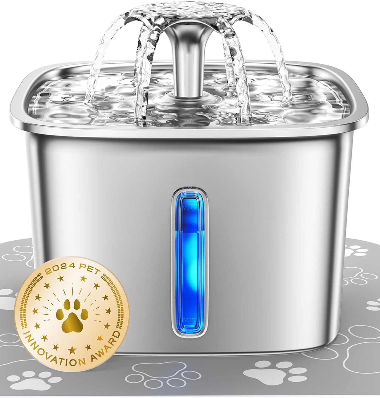 Veken Innovation Award Winner Stainless Steel Cat Water Fountain, 95oz/2.8L Automatic Pet Fountain Dog Water Dispenser with Replacement Filters & Silicone Mat for Cats, Dogs, Multiple Pets (Silver)