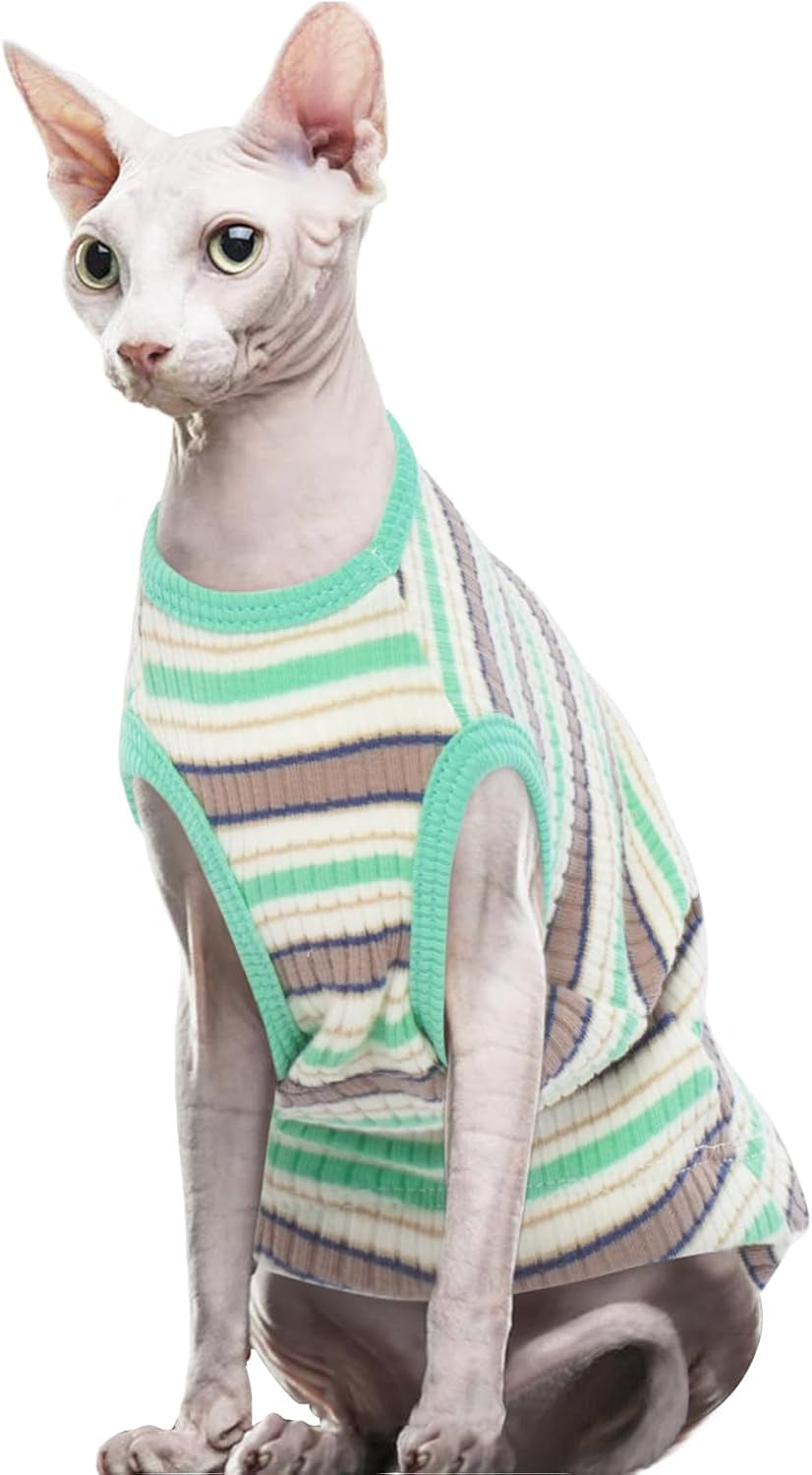 ROZKITCH Sphynx Cat Clothes, Soft Hairless Cat Shirt Stretchy Cat Sweater, Pullover Stripe Cat Pajamas, Cat Vest for Cornish Rex, Devon Rex, Peterbald Kitten Puppy Small Dog All Seasons Green M