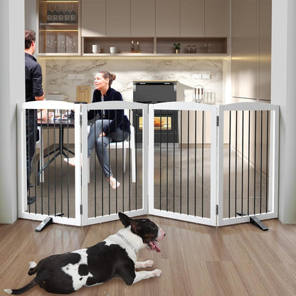 Freestanding Panel Dog Gate for Indoor, Doorways,Stairs, or Hallways,Foldable Wooden White Dog Gates for House,Pet Gate for Dogs,Dog Fence, Puppy Gate,Support Feet Included,32 "Height-4 Panels