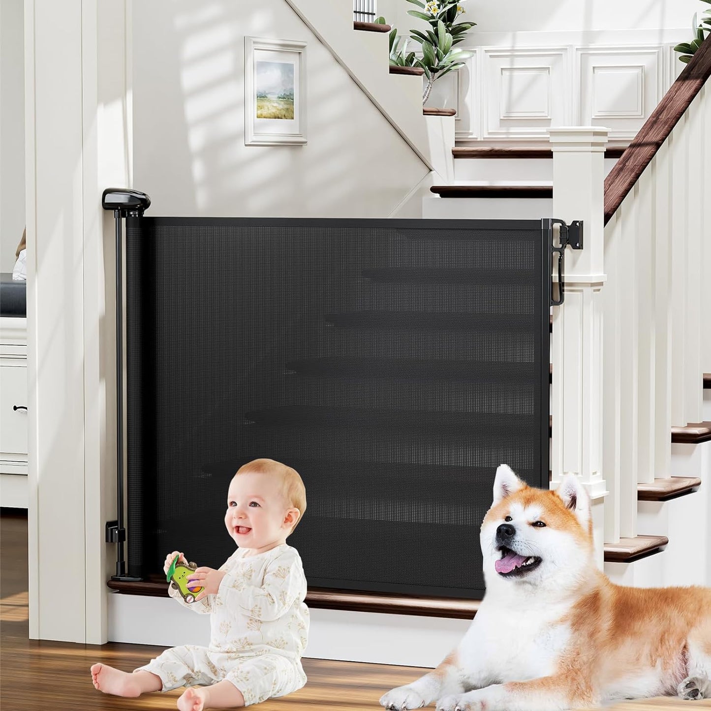 Retractable Baby Gates for Stairs, Probebi Retractable Dog Gate Indoor Extends to 54" Wide 34" Tall, Child Gates for Doorways, Stair Gate Use for Outdoor, Hallways, Doorways, Deck, Porch