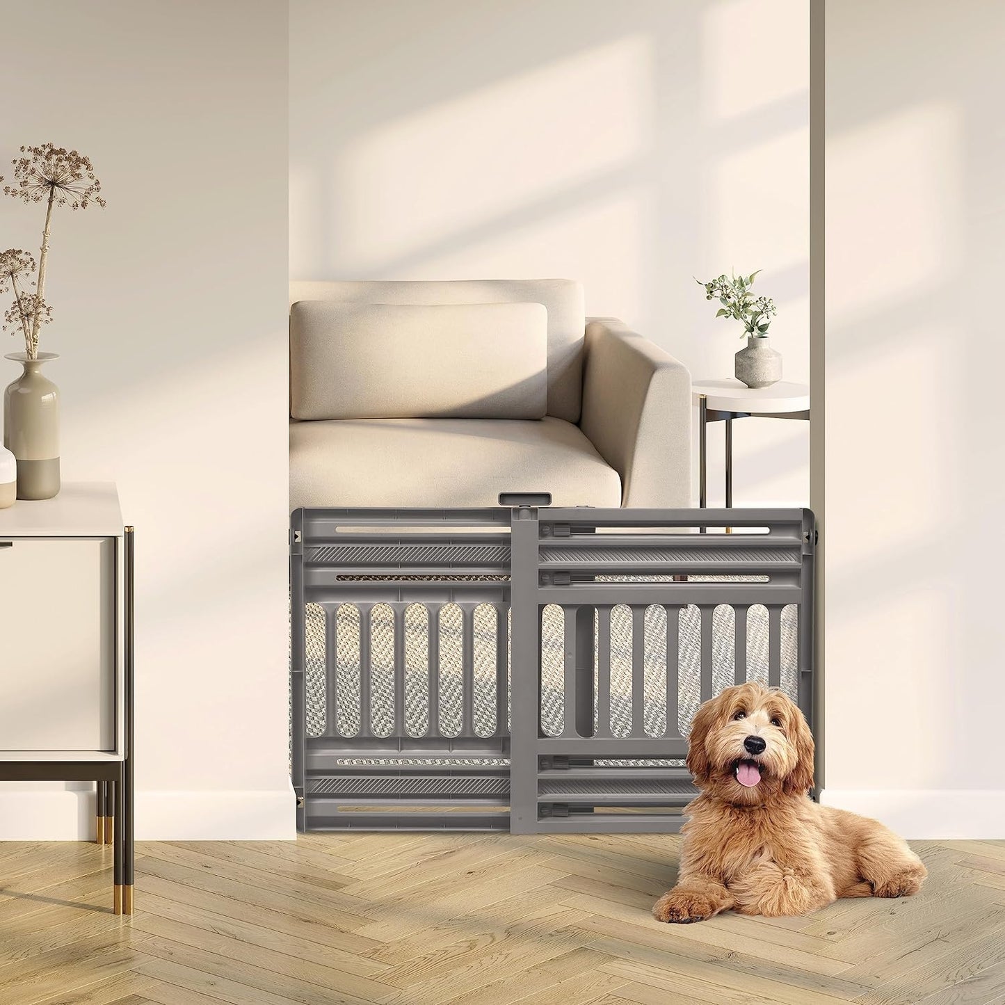 IRIS USA 24"-39" Portable Expandable Pet Gate, Adjustable Pet Barrier for Puppy Small to Medium Dogs Fits Most Doorways Easy Twist-To-Lock Feature Heavy-Duty Molded Plastic 25" Tall, Gray