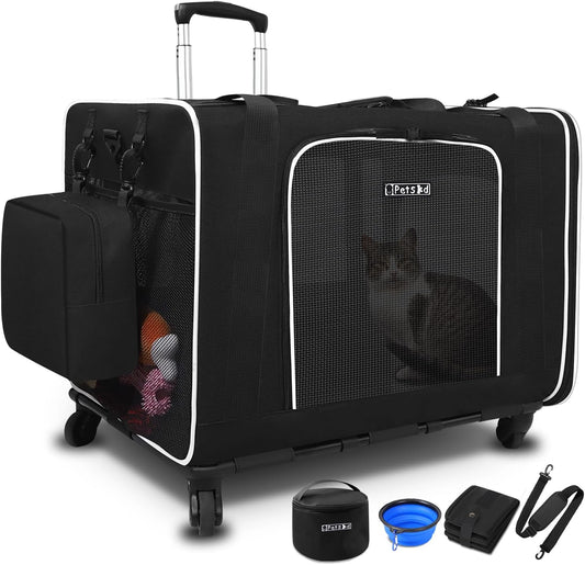 Large Pet Carrier with Wheels 24"X17"X17" for Large Cats, Pet Carrier for 2 Cats or Medium Dog, Cat Carrier for Car Travel with Litter Box and Bowl, Cat Soft Carrier with Locking Safety Zipper