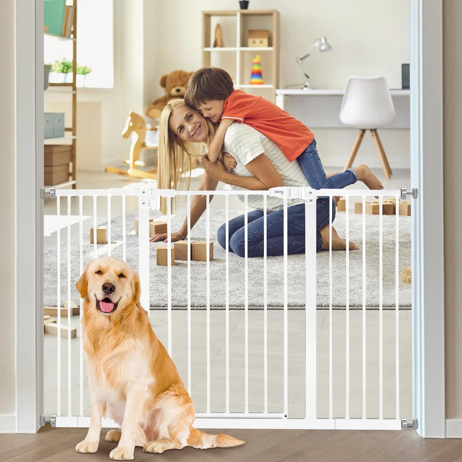 Keny 29"-47.3" Extra Wide Baby Gate for Stairs, Auto Close Safety Dog Gate, Pressure Mounted No Drilling Pet Gate for Doorways, Easy Walk through Stair Gate for Kids Todder, 30" Tall, White