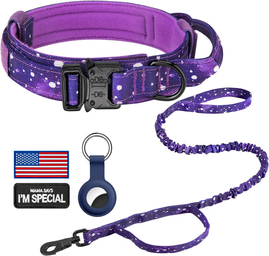 DAGANXI Tactical Dog Collar, Adjustable Military Training Nylon Dog Collar with Control Handle and Heavy Metal Buckle for Medium and Large Dogs, with Patches and Airtags Case (S, Purple Sky-Set)