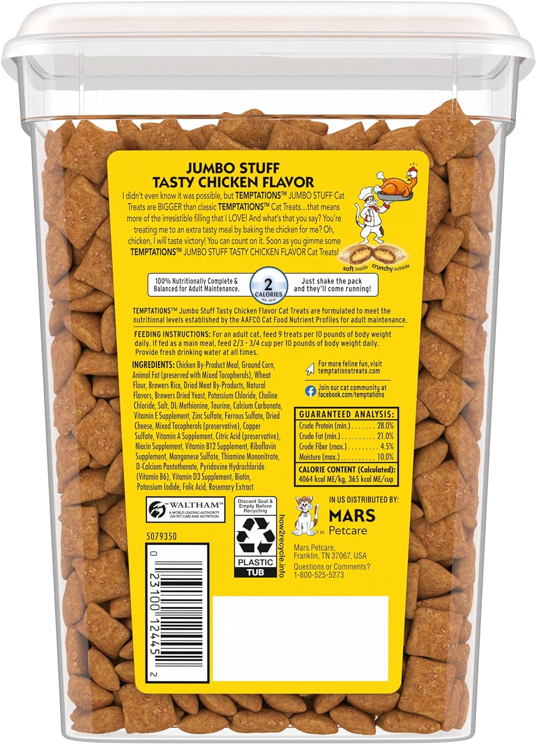 TEMPTATIONS Jumbo Stuff Crunchy and Soft Cat Treats, Tasty Chicken Flavor, 14 Oz. Tub, (Pack of 1)