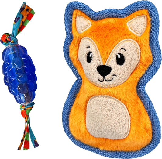 Outward Hound Mini Orka & Friends Fox Dog Toys 2-Pack – Dental Dog Chew Toy and Tough Plush Squeaky Dog Toy, Orange, XS