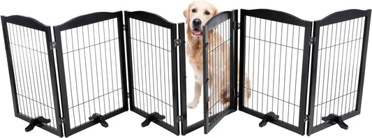 Pet Gate - 6-Panel Indoor Folding Dog Fence for Stairs or Doorways - 133X32-Inch Freestanding Play Pen with Support Feet by PETMAKER (Black)