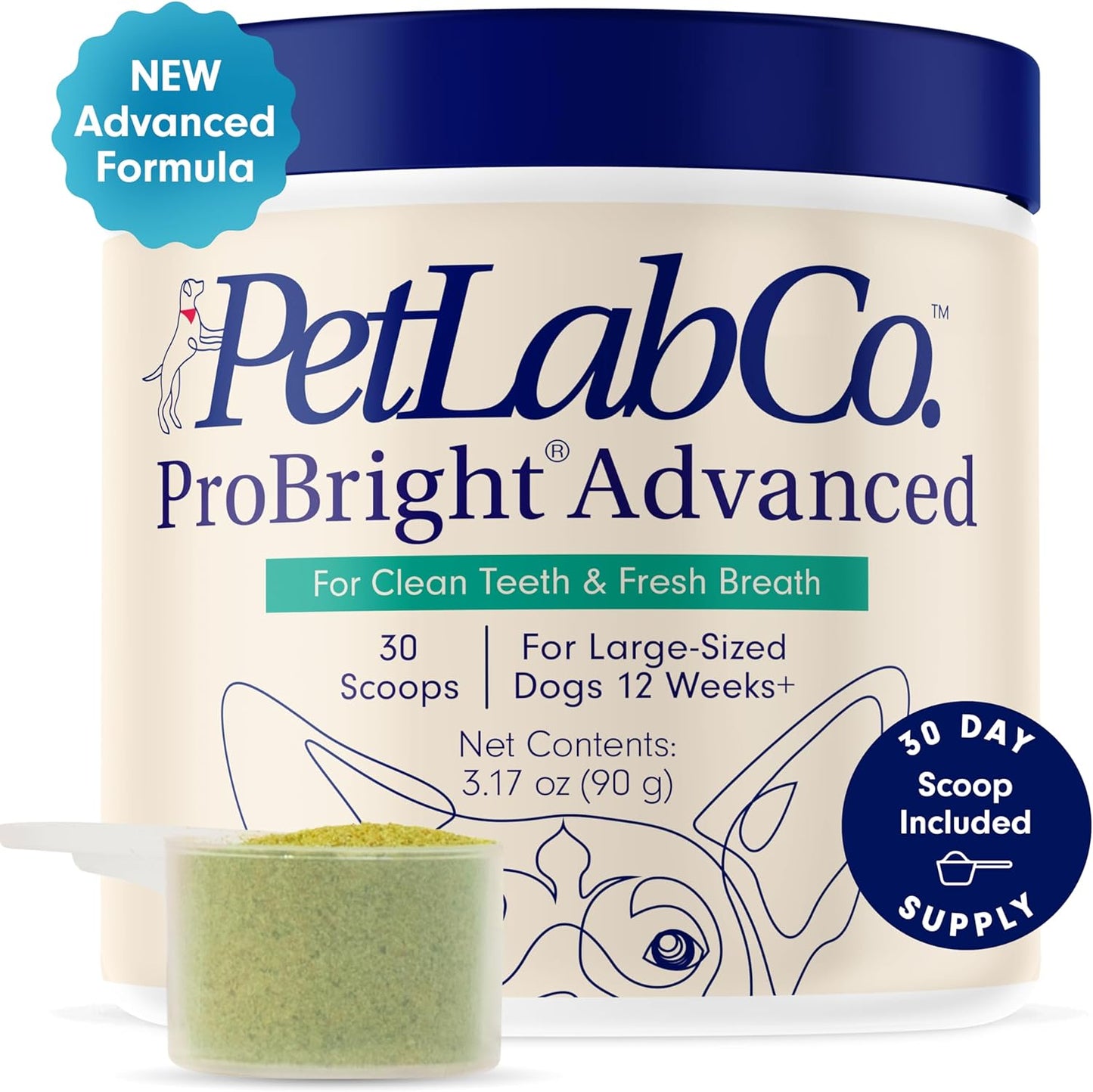 Petlab Co. Probright Advanced Dental Powder - Dog Breath Freshener - Teeth Cleaning Made Easy – Targets Tartar & Bad Breath - Formulated for Large Dogs