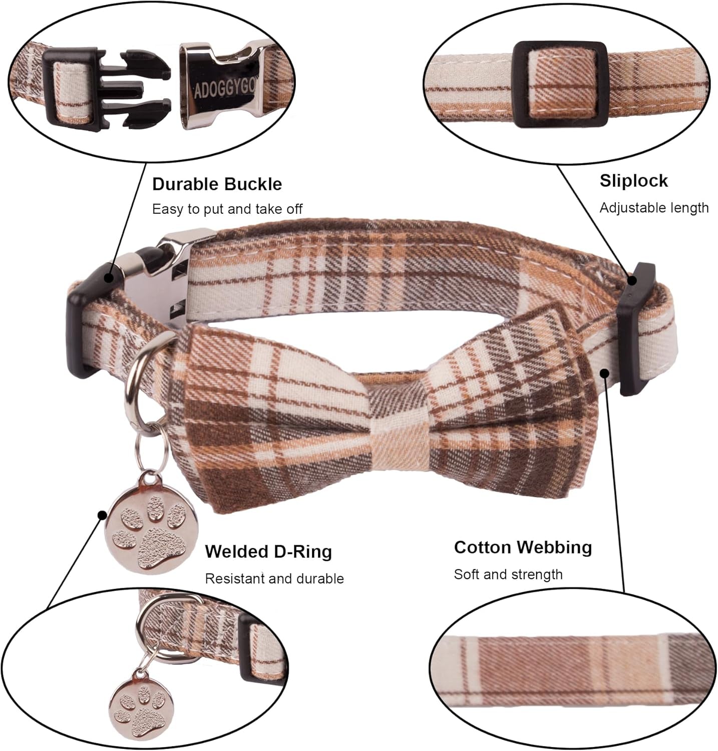 ADOGGYGO Soft Bowtie Dog Collar, Plaid Dog Collar with Detachable Bow tie Adjustable Pet Plaid Collars for Small Medium Large Dogs Pets (Large, Brown)