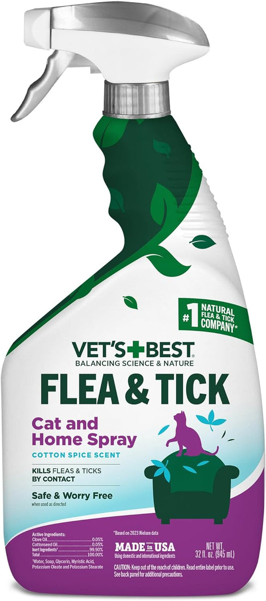 Vet’S Best Flea & Tick Home Spray for Cats – Cotton Spice Scent Cat Flea & Tick Aid – Made in the USA – Flea & Tick Gentle Mist for Cats – 32 Oz