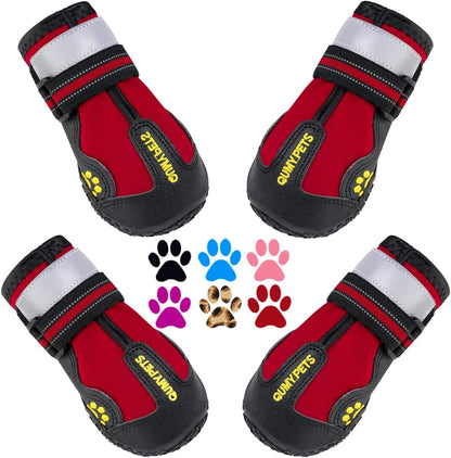 QUMY Dog Shoes for Large Dogs, Medium Dog Boots & Paw Protectors for Winter Snowy Day, Summer Hot Pavement, Waterproof in Rainy Weather, Outdoor Walking, Indoor Hardfloors anti Slip Sole Red Size 4