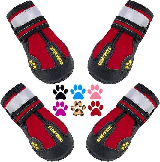 QUMY Dog Shoes for Large Dogs, Medium Dog Boots & Paw Protectors for Winter Snowy Day, Summer Hot Pavement, Waterproof in Rainy Weather, Outdoor Walking, Indoor Hardfloors anti Slip Sole Red Size 7