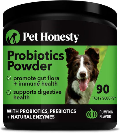 Pet Honesty All-Natural Probiotic & Pumpkin Powder Dog Supplement - Prebiotics, Probiotics, Enzymes & Antioxidants for Healthy Gut Flora, anti Diarrhea, Digestion & Immunity (90 Scoops)