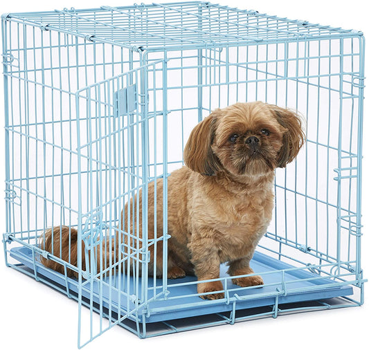 Midwest Homes for Pets Single Door Blue Folding Metal Dog Crate W/ Divider Panel, Floor Protecting 'Roller' Feet & Leak Proof Plastic Tray, 24L X 18W X 19H Inches, Small Dog Breed